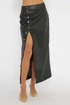 Angelica Button-Up Faux Leather Midi Skirt Black(XS)