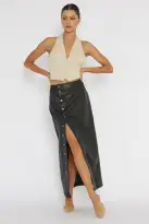Angelica Button-Up Faux Leather Midi Skirt Black(XS)