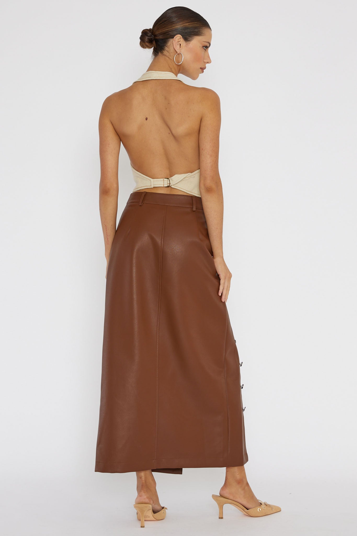 Angelica Button-Up Faux Leather Midi Skirt Brown(XS)
