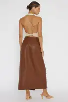 Angelica Button-Up Faux Leather Midi Skirt Brown(XS)