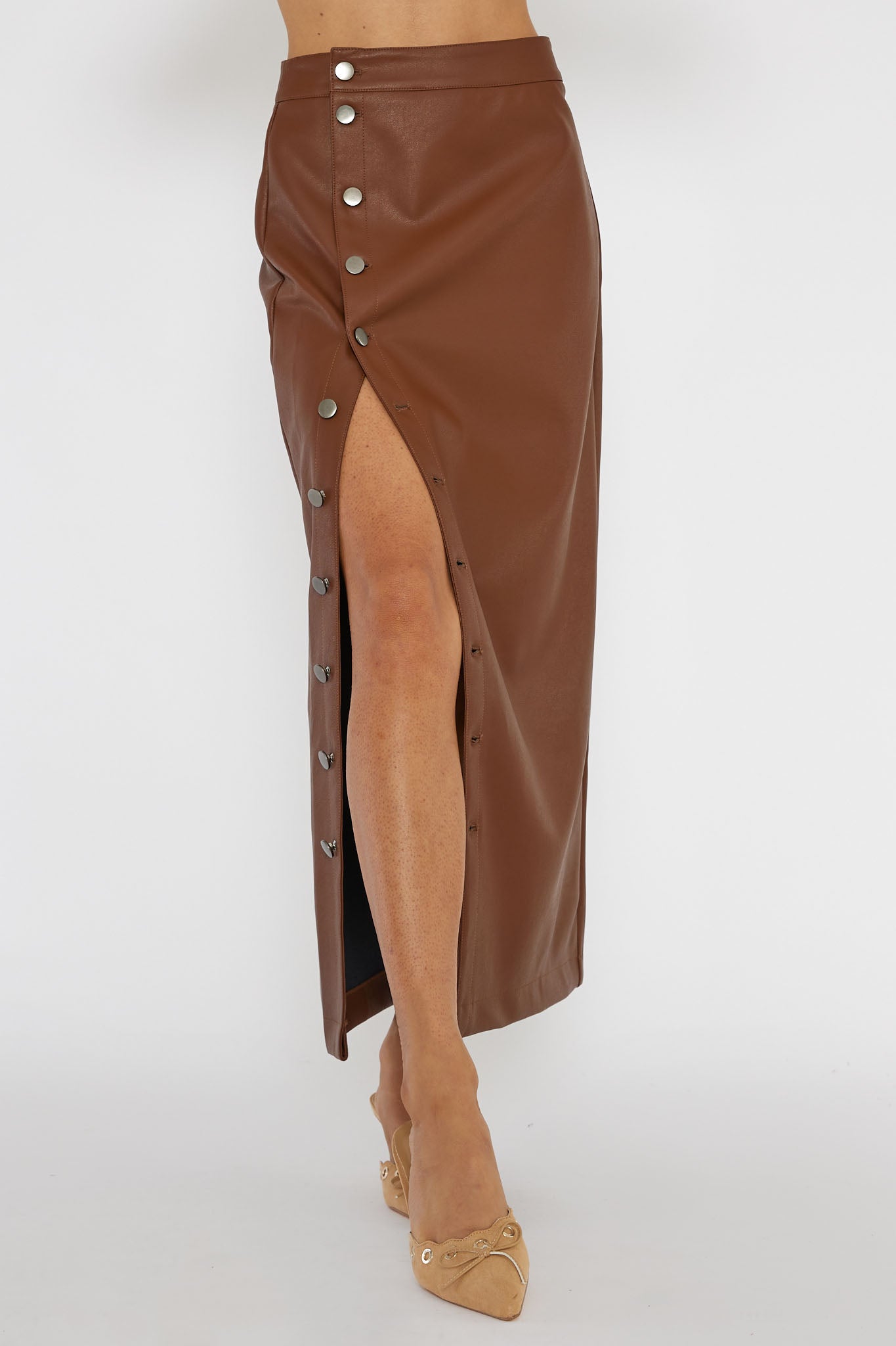 Angelica Button-Up Faux Leather Midi Skirt Brown(XS)