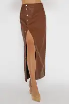 Angelica Button-Up Faux Leather Midi Skirt Brown(XS)