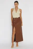 Angelica Button-Up Faux Leather Midi Skirt Brown(XS)