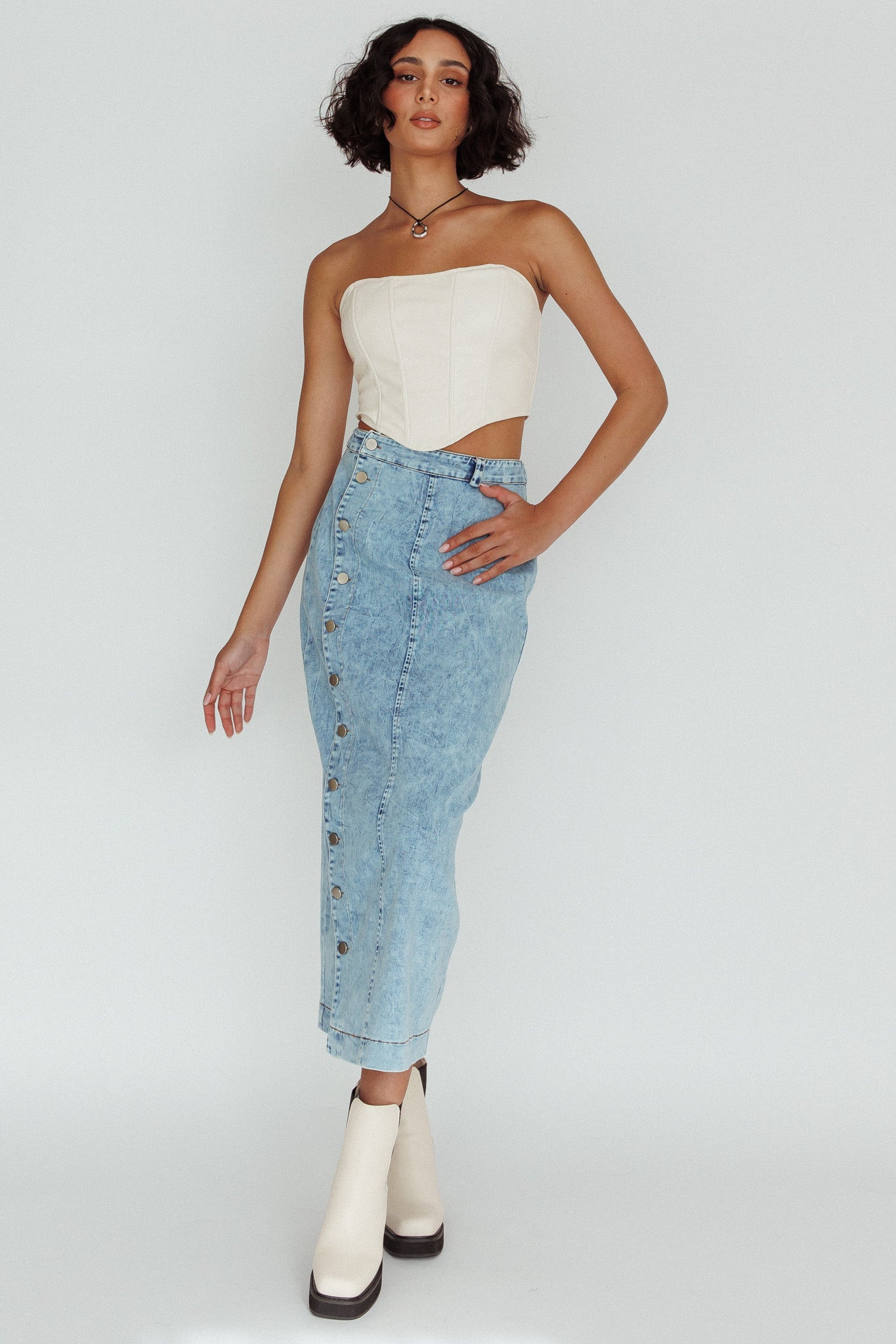 Angelica Side Button-Up Midi Skirt Denim(XS)