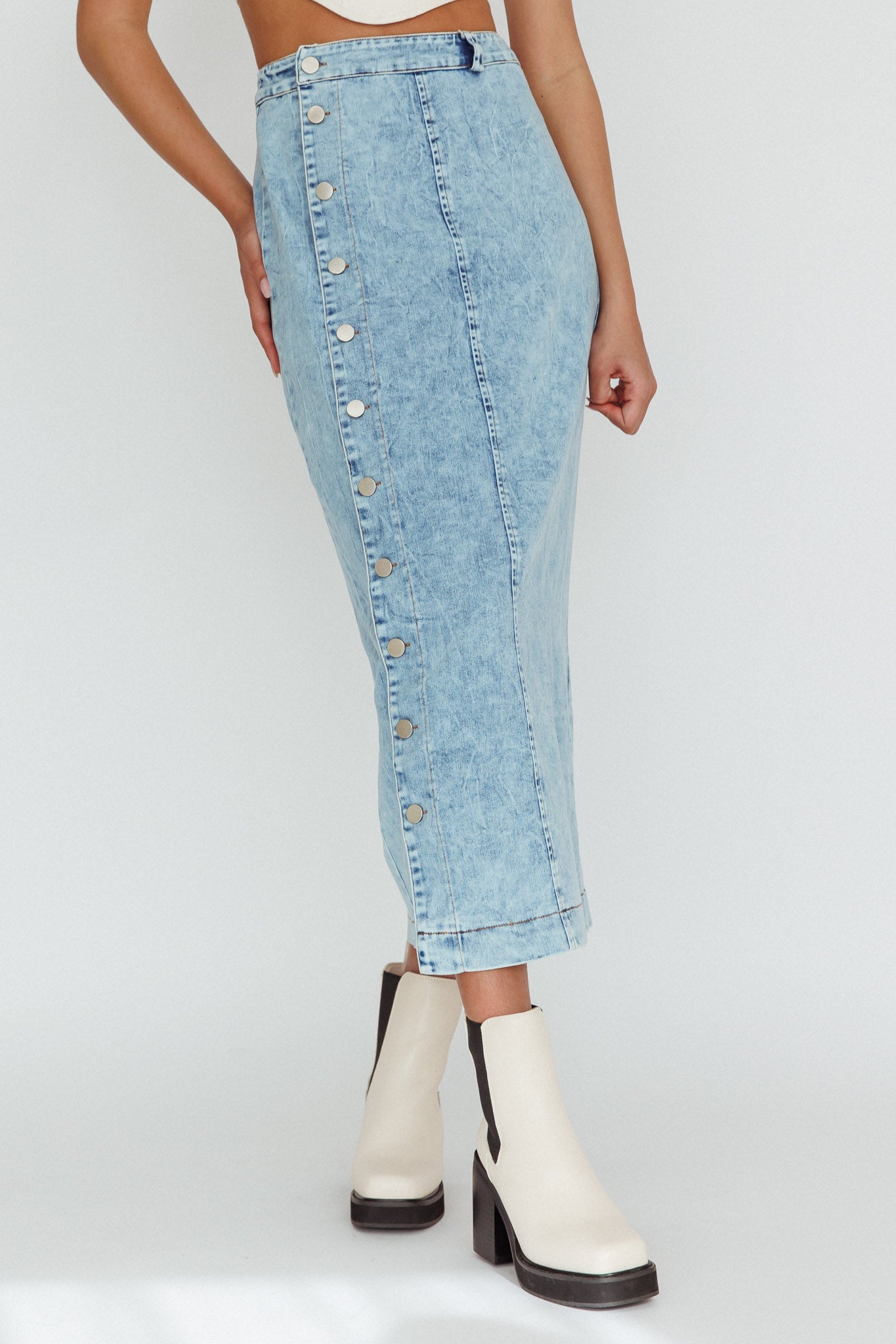 Angelica Side Button-Up Midi Skirt Denim(XS)