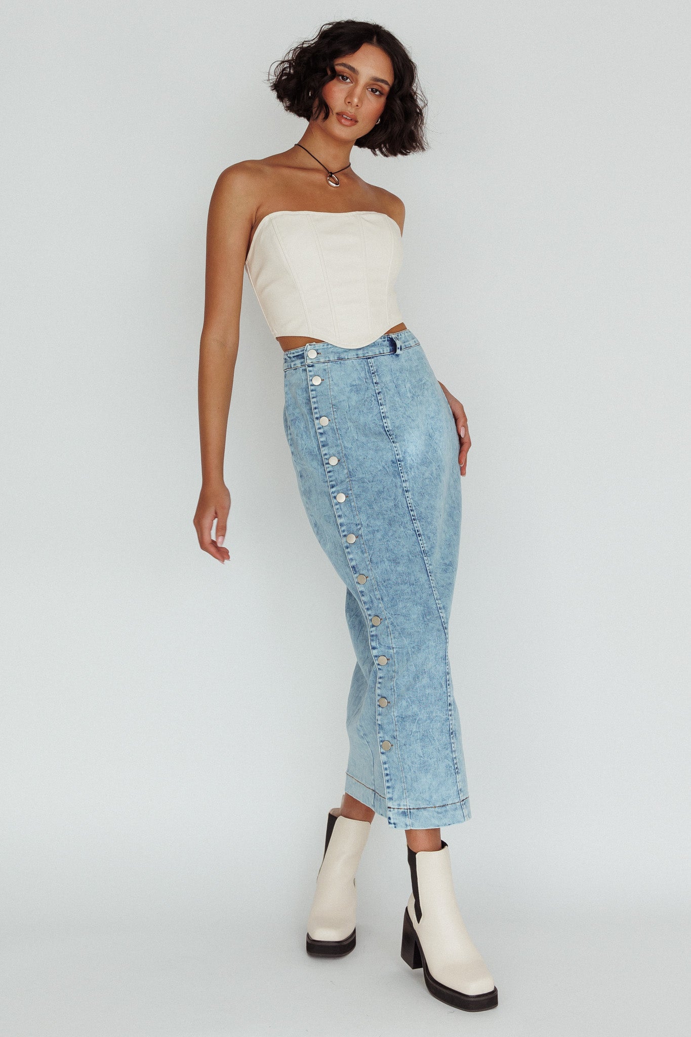 Angelica Side Button-Up Midi Skirt Denim(XS)