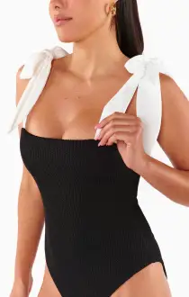 Hudson One Piece ~ Black Scrunch with White Bow(XS)