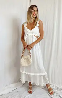 Lane Midi Dress ~ Flutter Stripe Chiffon White(XS)