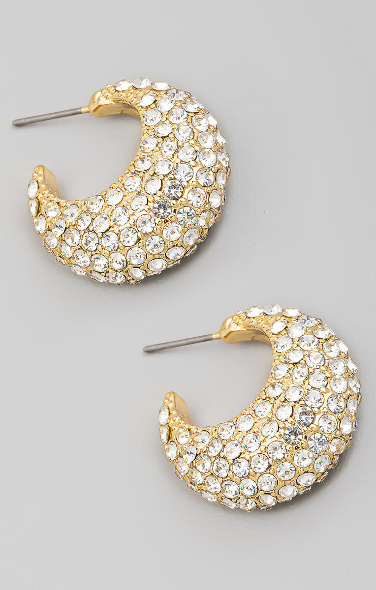 Pave Rhinestone Puff Hoop Earrings ~ Gold(OS)