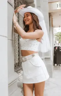Shania Skirt ~ Rhinestone White Denim(XS)