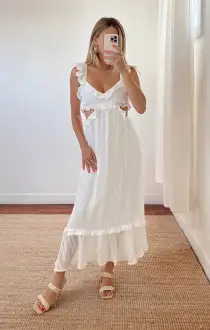 Lane Midi Dress ~ Flutter Stripe Chiffon White(XS)