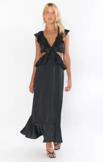 Zoey Midi Dress ~ Black Luxe Satin