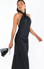 Jasmine Halter Maxi Dress ~ Black Luxe Satin(XXS)