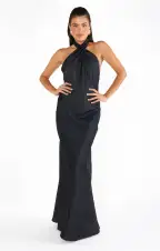 Jasmine Halter Maxi Dress ~ Black Luxe Satin(XXS)