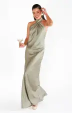 Jasmine Halter Maxi Dress ~ Moss Green Luxe Satin(XXS)
