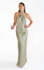 Jasmine Halter Maxi Dress ~ Moss Green Luxe Satin