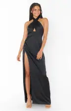 Adele Halter Maxi Dress ~ Black Luxe Satin(XXS)