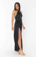 Adele Halter Maxi Dress ~ Black Luxe Satin(XXS)