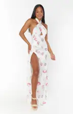 Adele Halter Maxi Dress ~ White Shell Luxe Satin(XXS)