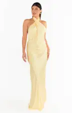 Jasmine Halter Maxi Dress ~ Pale Yellow Luxe Satin(XXS)