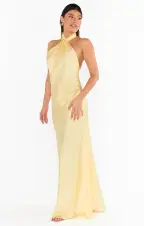 Jasmine Halter Maxi Dress ~ Pale Yellow Luxe Satin(XXS)