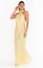 Jasmine Halter Maxi Dress ~ Pale Yellow Luxe Satin(XXS)