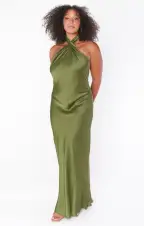 Jasmine Halter Maxi Dress ~ Rich Olive Luxe Satin