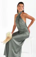 Jasmine Halter Maxi Dress ~ Deep Sage Luxe Satin(XXS)