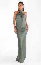 Jasmine Halter Maxi Dress ~ Deep Sage Luxe Satin(XXS)