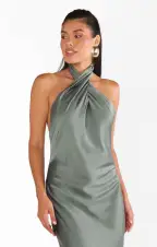 Jasmine Halter Maxi Dress ~ Deep Sage Luxe Satin(XXS)