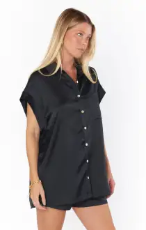 Best Day Button Up ~ Black Luxe Satin(XXS)