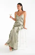 Romance Ruffle Dress ~ Moss Green Luxe Satin(XXS)