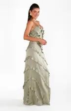 Romance Ruffle Dress ~ Moss Green Luxe Satin(XXS)