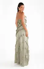 Romance Ruffle Dress ~ Moss Green Luxe Satin(XXS)