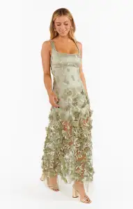 Stephanie Dress ~ Moss Green 3D Floral(XXS)