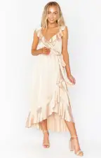 Samantha Ruffle Wrap Dress ~ Champagne Luxe Satin(XXS)