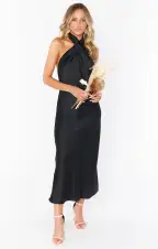 Jasmine Halter Midi Dress ~ Black Luxe Satin(XXS)