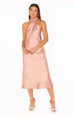 Jasmine Halter Midi Dress ~ Rose Gold Luxe Satin(XXS)