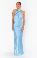 Jasmine Halter Maxi Dress ~ Baby Blue Luxe Satin(XXS)