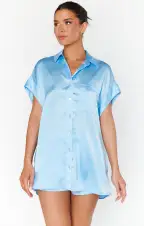 Best Day Button Up ~ Baby Blue Luxe Satin(XXS)