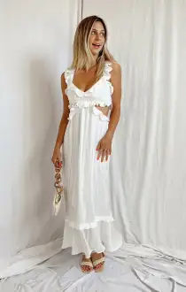 Lane Midi Dress ~ Flutter Stripe Chiffon White(XS)