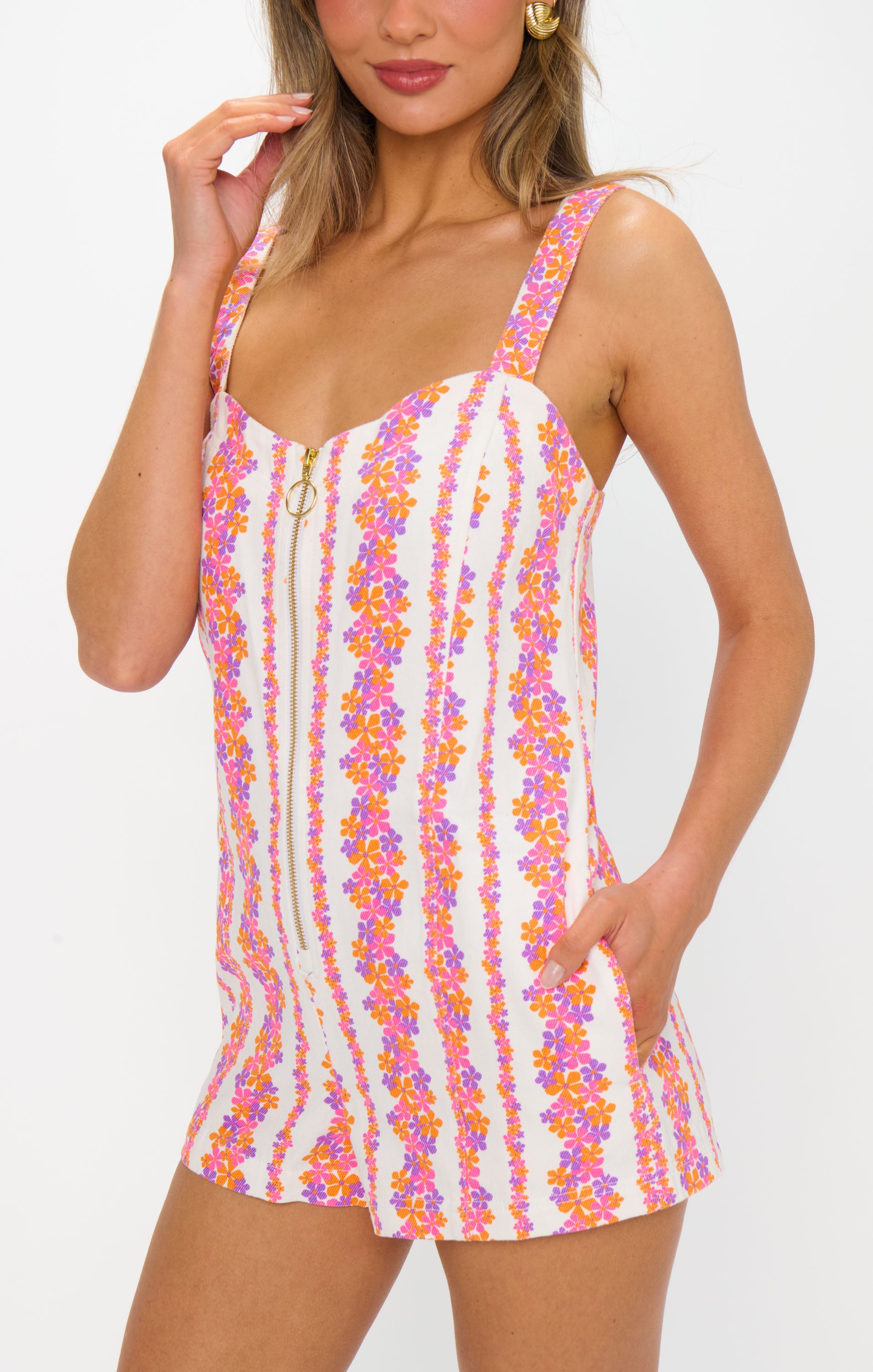 Mission Romper ~ Pink Daisy Stripes Denim