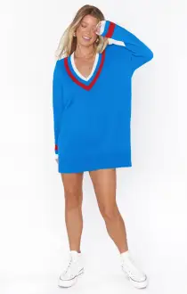 Hartford Sweater Dress ~ Blue Varsity Stripe Knit(XS)