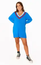 Hartford Sweater Dress ~ Blue Varsity Stripe Knit(XS)