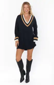 Hartford Sweater Dress ~ Black Varsity Stripe Knit(XS)