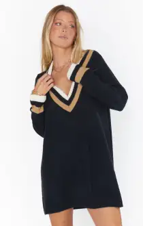 Hartford Sweater Dress ~ Black Varsity Stripe Knit(XS)