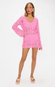 Vacay Mini Coverup ~ Bubblegum Pink Crochet(XS)