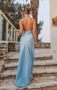 Jasmine Halter Maxi Dress ~ Baby Blue Luxe Satin(XXS)