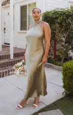 Jasmine Halter Maxi Dress ~ Moss Green Luxe Satin(XXS)