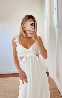 Lane Midi Dress ~ Flutter Stripe Chiffon White(XS)